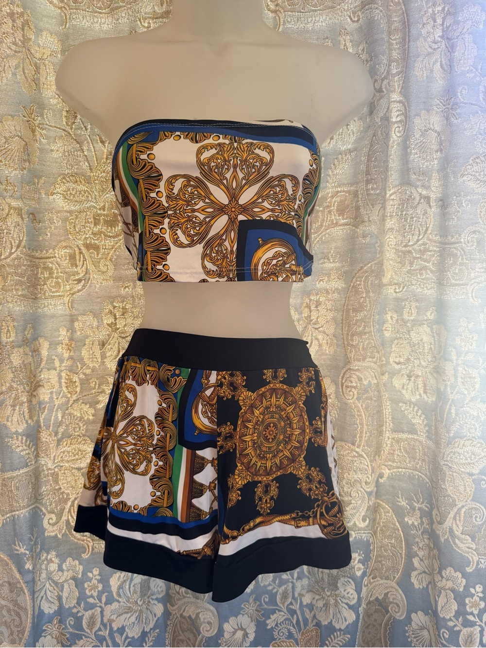 Baroque Print Strapless Crop Top & Skirt Set - Navy, White, Gold